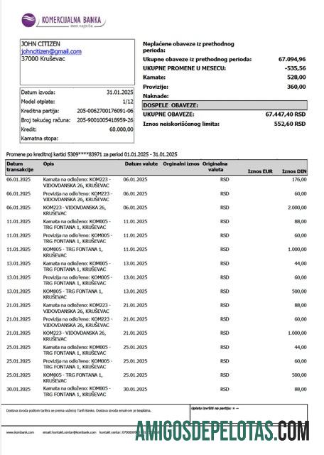 Imprimível Sérvia Komercijalna Banka Extrato de conta modelo Word e PDF